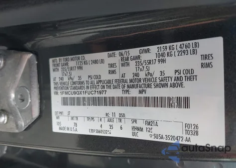 2015 Ford Escape Se from USA, damaged, VIN 1FMCU9GX1FUC71977